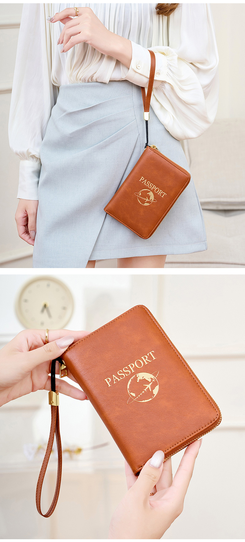 Light Brown RFID Blocking Travel Passport Holder - Multi-functional Waterproof PU Leather Security Travel Wallet with Zipper and Wristband - Image 5