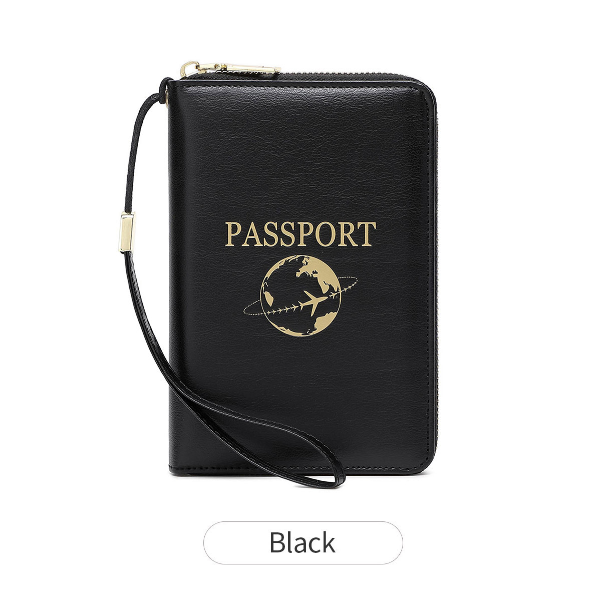Black RFID Blocking Travel Passport Holder - Multi-functional Waterproof PU Leather Security Travel Wallet with Zipper and Wristband - Image 1