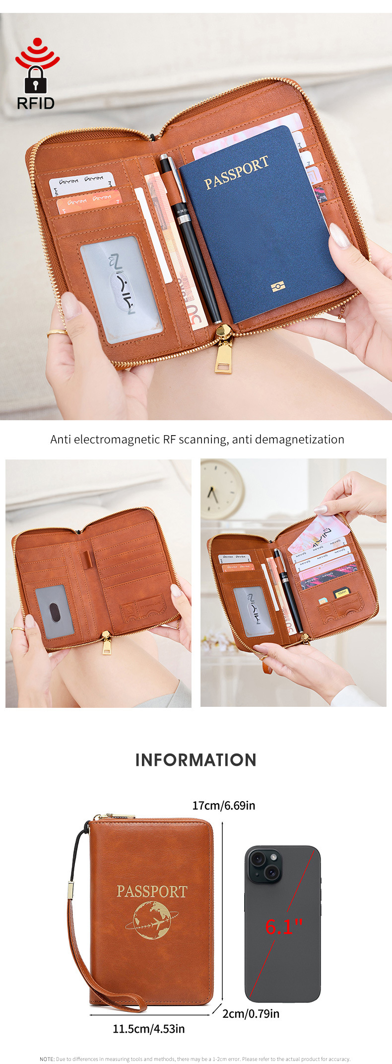 Black RFID Blocking Travel Passport Holder - Multi-functional Waterproof PU Leather Security Travel Wallet with Zipper and Wristband - Image 4