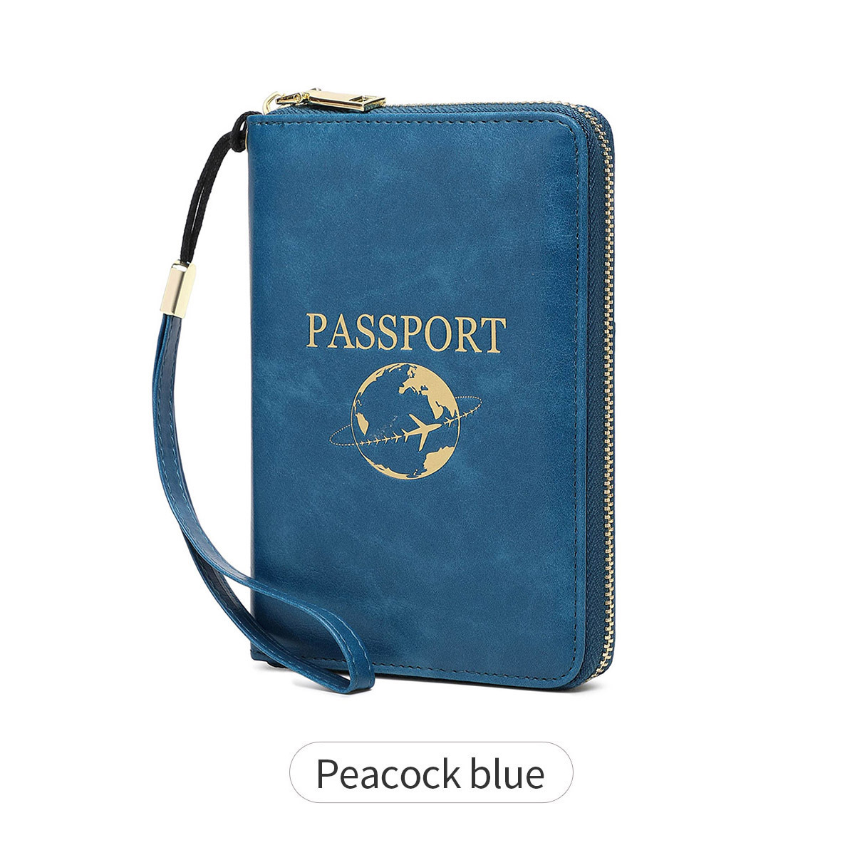 Peacock Blue RFID Blocking Travel Passport Holder - Multi-functional Waterproof PU Leather Security Travel Wallet with Zipper and Wristband - Image 1