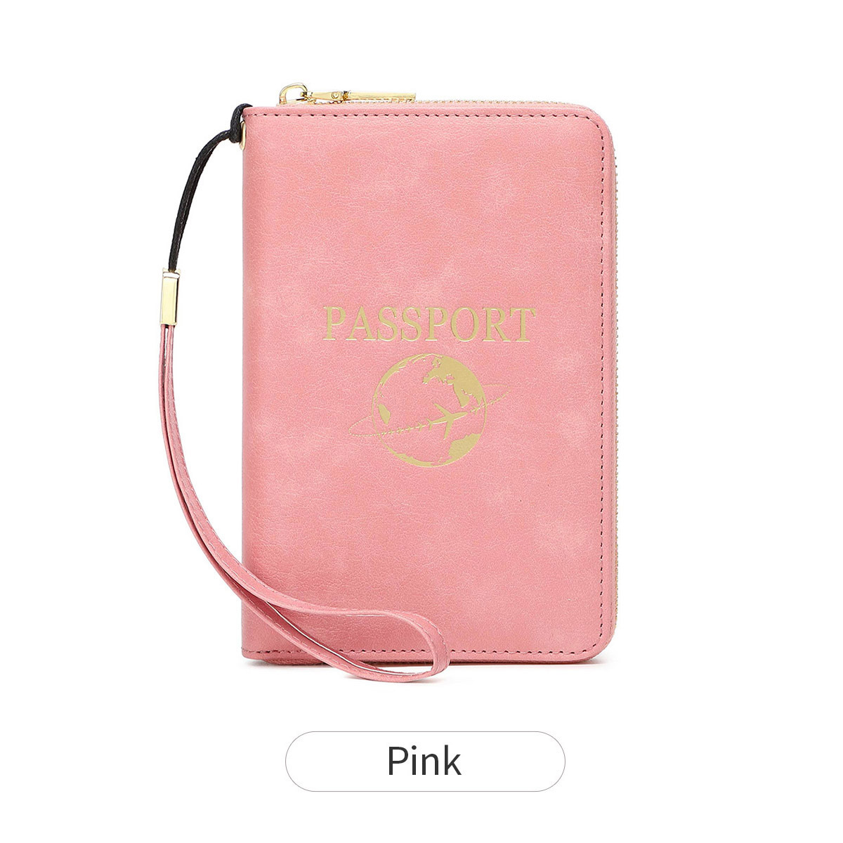 Pink RFID Blocking Travel Passport Holder - Multi-functional Waterproof PU Leather Security Travel Wallet with Zipper and Wristband - Image 1