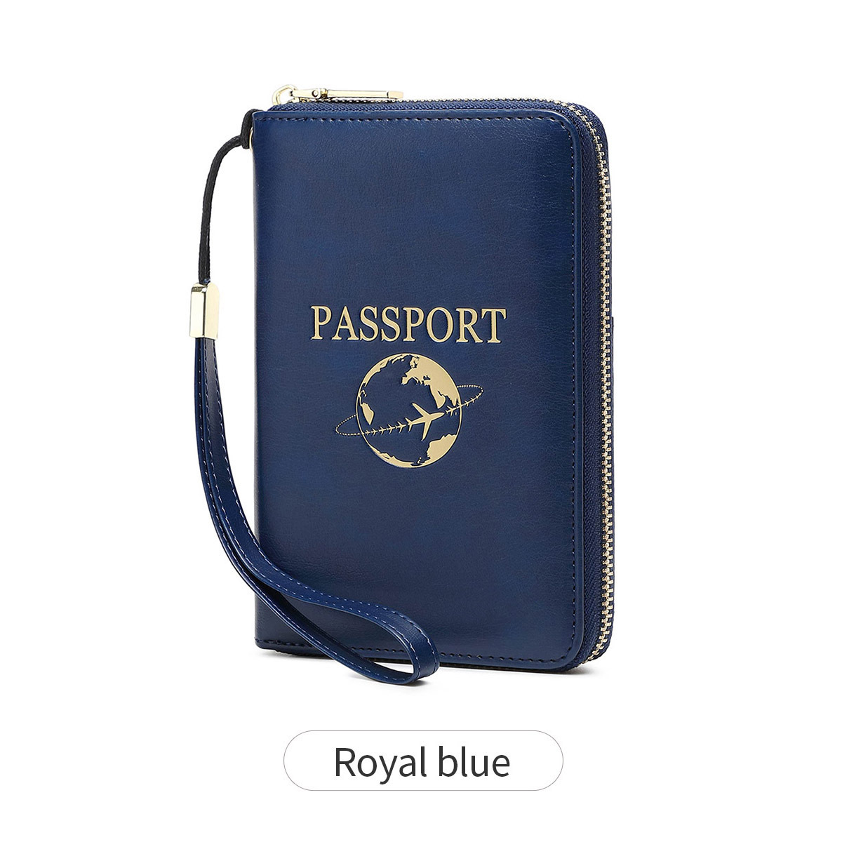 Royal Blue RFID Blocking Travel Passport Holder - Multi-functional Waterproof PU Leather Security Travel Wallet with Zipper and Wristband - Image 1