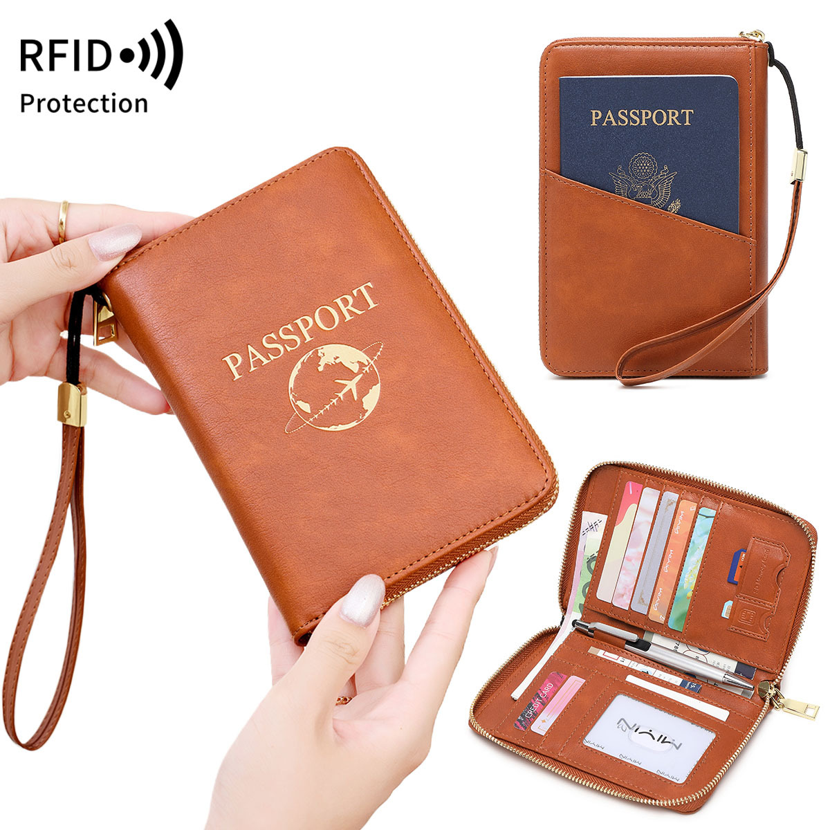 Royal Blue RFID Blocking Travel Passport Holder - Multi-functional Waterproof PU Leather Security Travel Wallet with Zipper and Wristband - Image 2