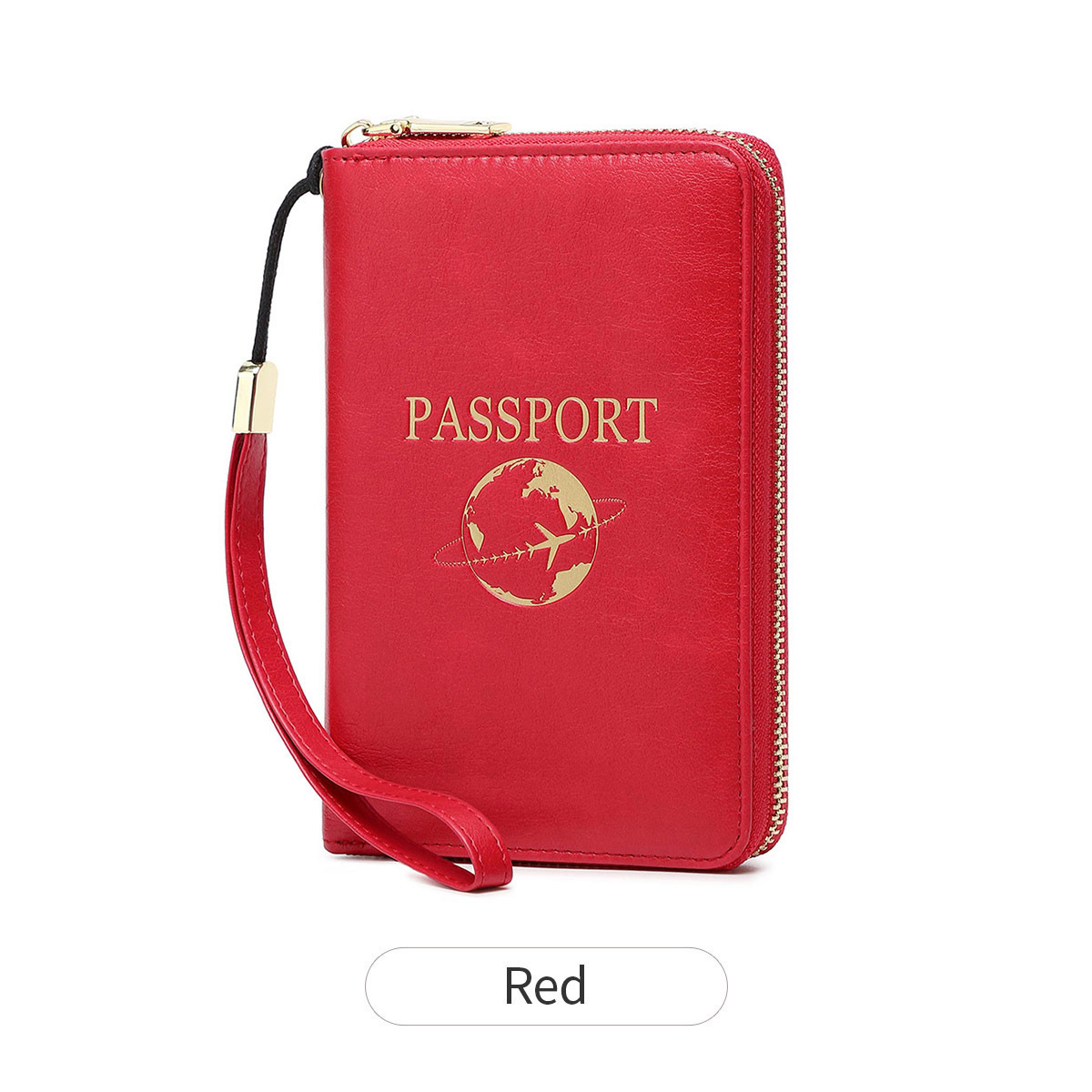 Red RFID Blocking Travel Passport Holder - Multi-functional Waterproof PU Leather Security Travel Wallet with Zipper and Wristband - Image 1