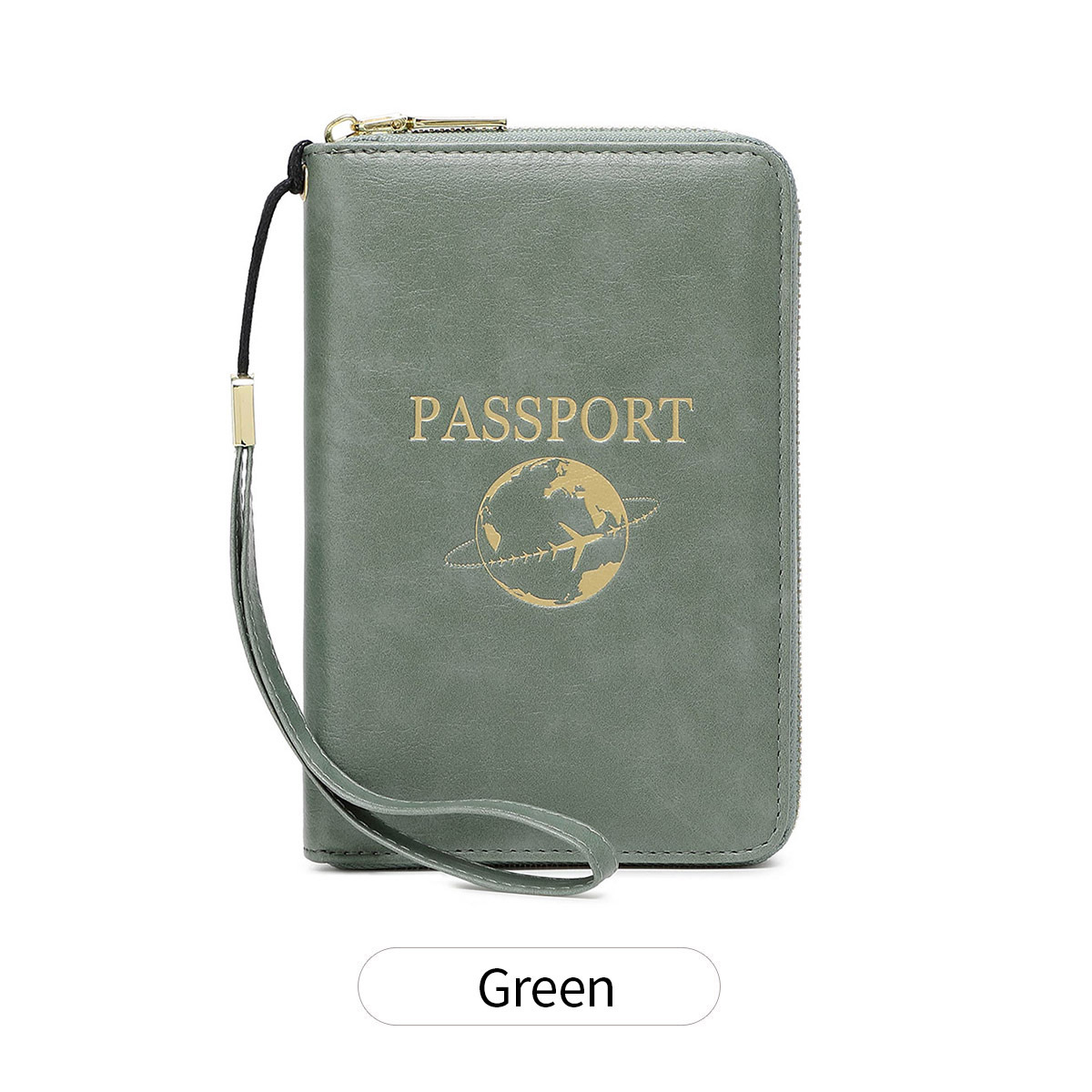 Green RFID Blocking Travel Passport Holder - Multi-functional Waterproof PU Leather Security Travel Wallet with Zipper and Wristband - Image 1