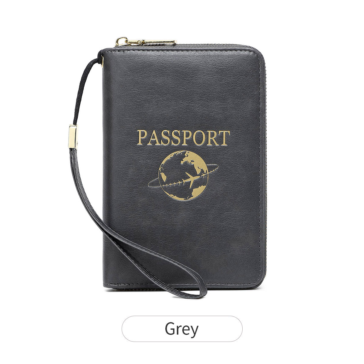 Grey RFID Blocking Travel Passport Holder - Multi-functional Waterproof PU Leather Security Travel Wallet with Zipper and Wristband - Image 1