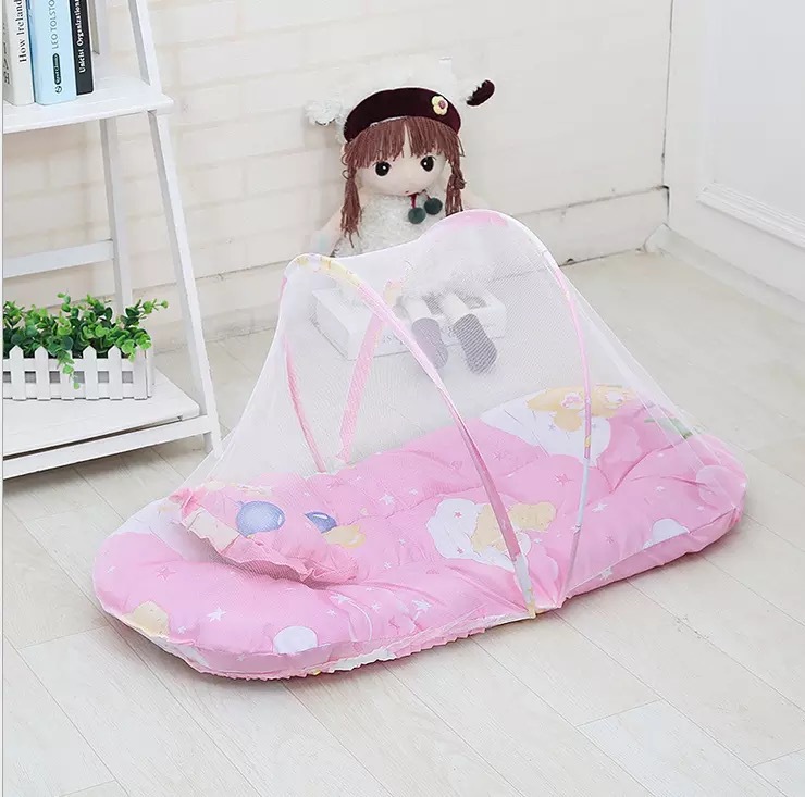 Pink Portable 3-in-1 Mosquito Net Set with Soft Sleep Pad & Pillow - Foldable Pop-Up Travel Bassinet for Infants, Breathable Shield for Indoor & Outdoor Use - Image 1