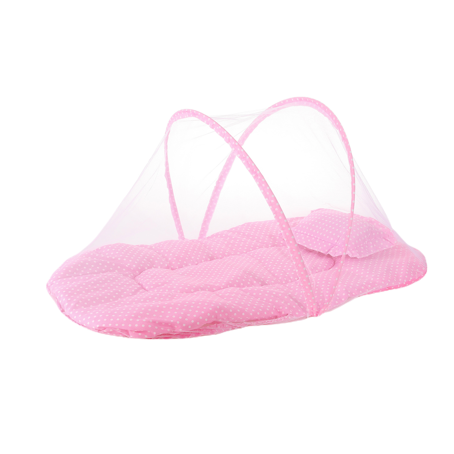 Pink Polka Dots Portable 3-in-1 Mosquito Net Set with Soft Sleep Pad & Pillow - Foldable Pop-Up Travel Bassinet for Infants, Breathable Shield for Indoor & Outdoor Use - Image 1