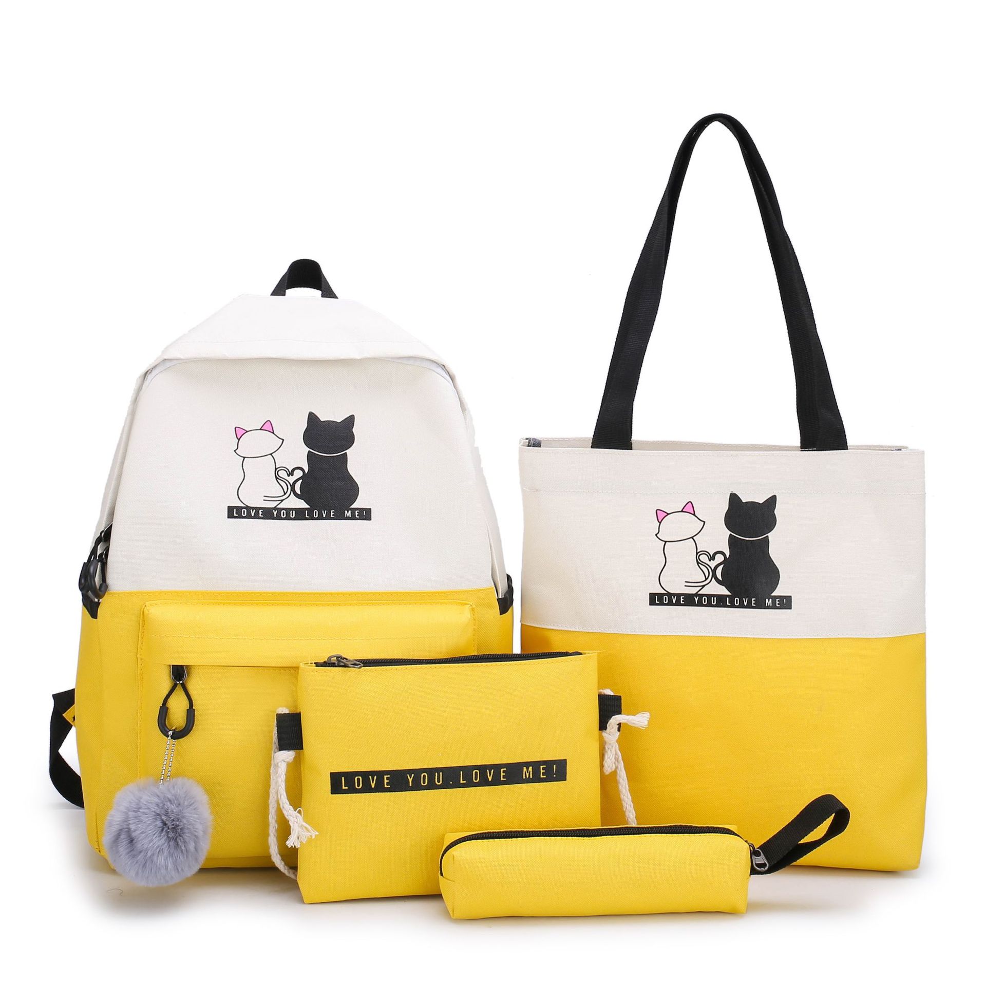 4-Piece Yellow Student Backpack Set with Cat Print - Durable Canvas School Bag Combo - Includes Backpack, Tote Bag, Crossbody Bag & Pencil Case - Image 1