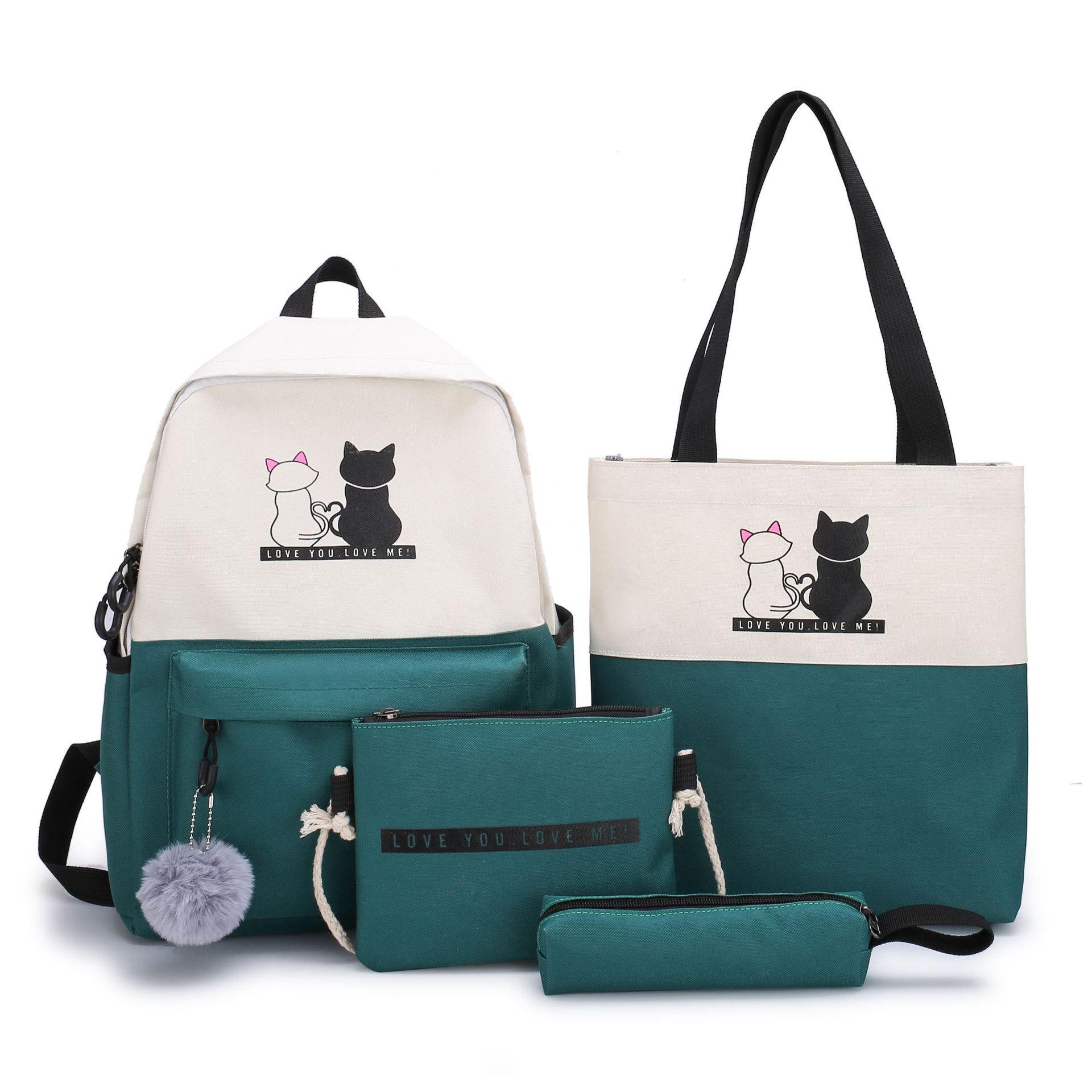 4-Piece Green Student Backpack Set with Cat Print - Durable Canvas School Bag Combo - Includes Backpack, Tote Bag, Crossbody Bag & Pencil Case - Image 1
