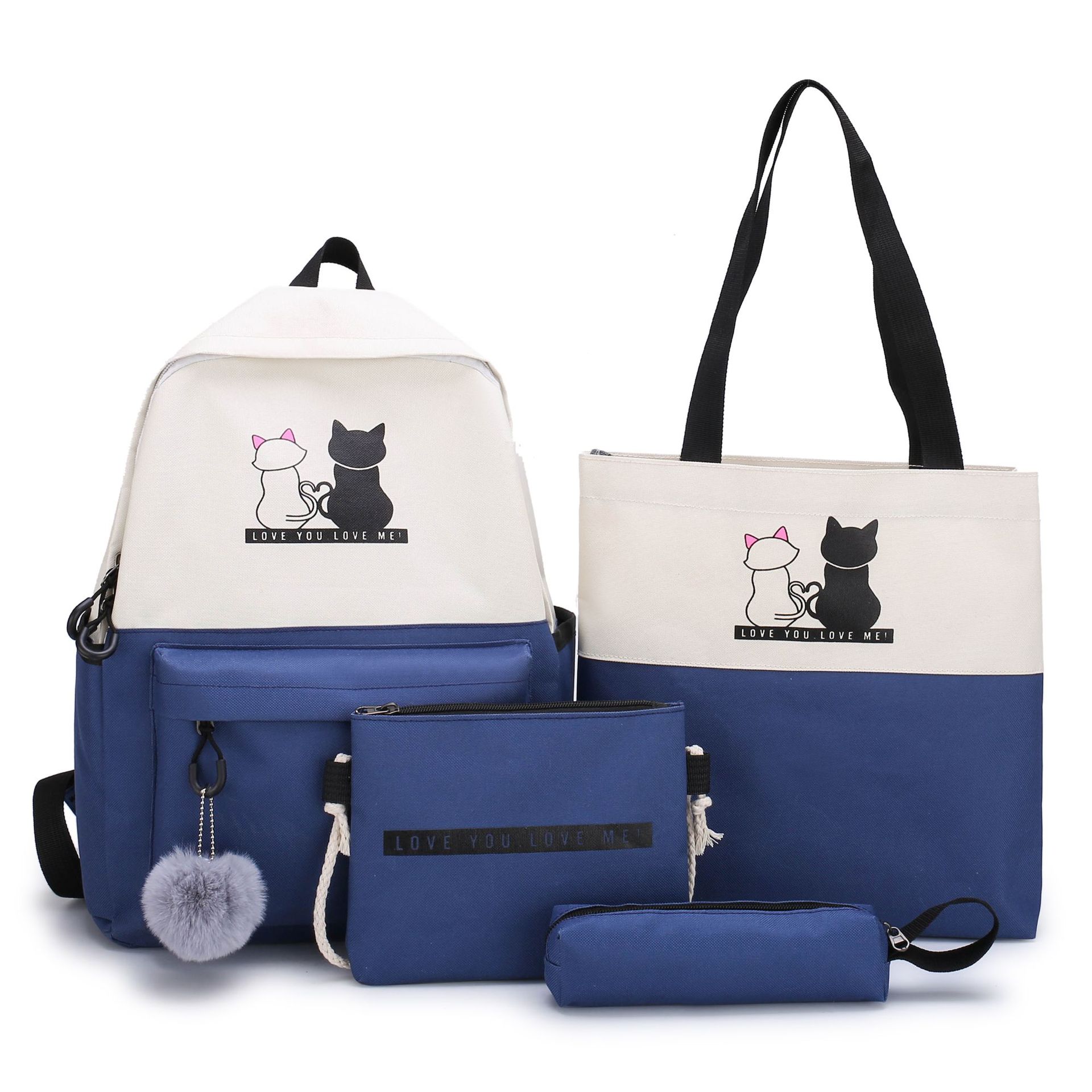 4-Piece Blue Student Backpack Set with Cat Print - Durable Canvas School Bag Combo - Includes Backpack, Tote Bag, Crossbody Bag & Pencil Case - Image 1