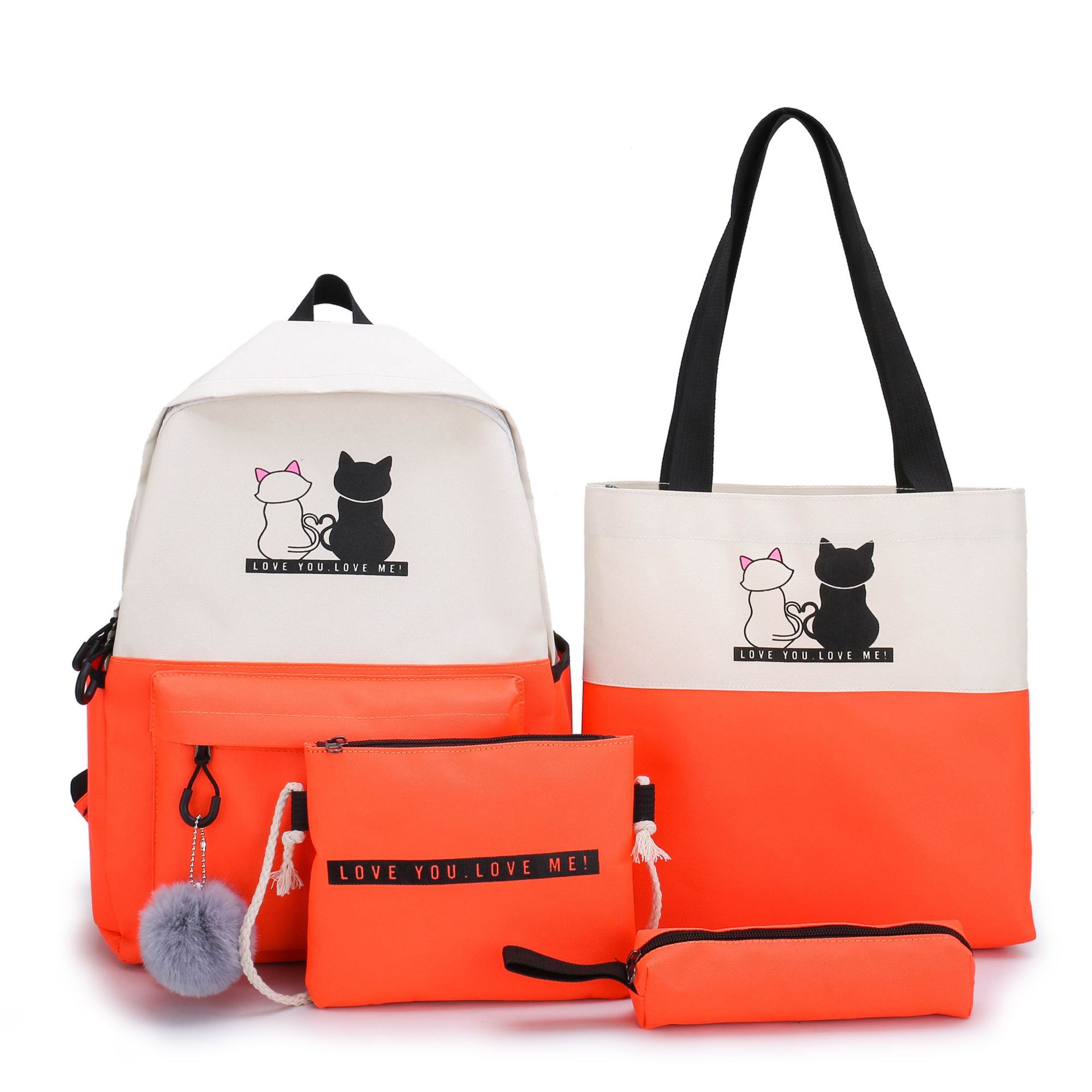 4-Piece Orange Student Backpack Set with Cat Print - Durable Canvas School Bag Combo - Includes Backpack, Tote Bag, Crossbody Bag & Pencil Case - Image 1