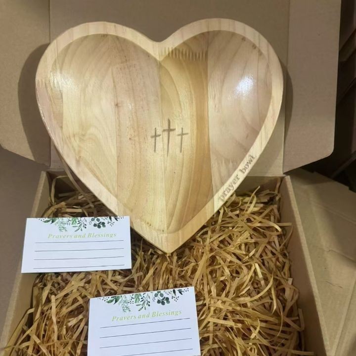 Solid Pine Wood Heart Prayer Bowl with 48 Prayer Cards - Handcrafted Gift for Communion & Home Decor - Image 1
