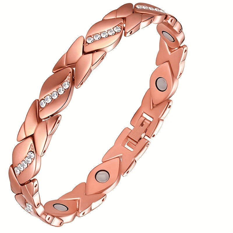 Leaf Magnetic Therapy Bracelet with Rhinestones - Geometric Stylish Wristband & Wellness Jewelry, Free Removel Tool(Rose Gold) - Image 1