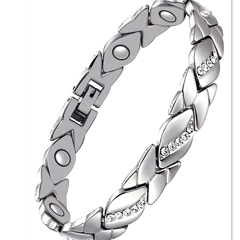 Leaf Magnetic Therapy Bracelet with Rhinestones - Geometric Stylish Wristband & Wellness Jewelry, Free Removel Tool(Sliver) - Image 1