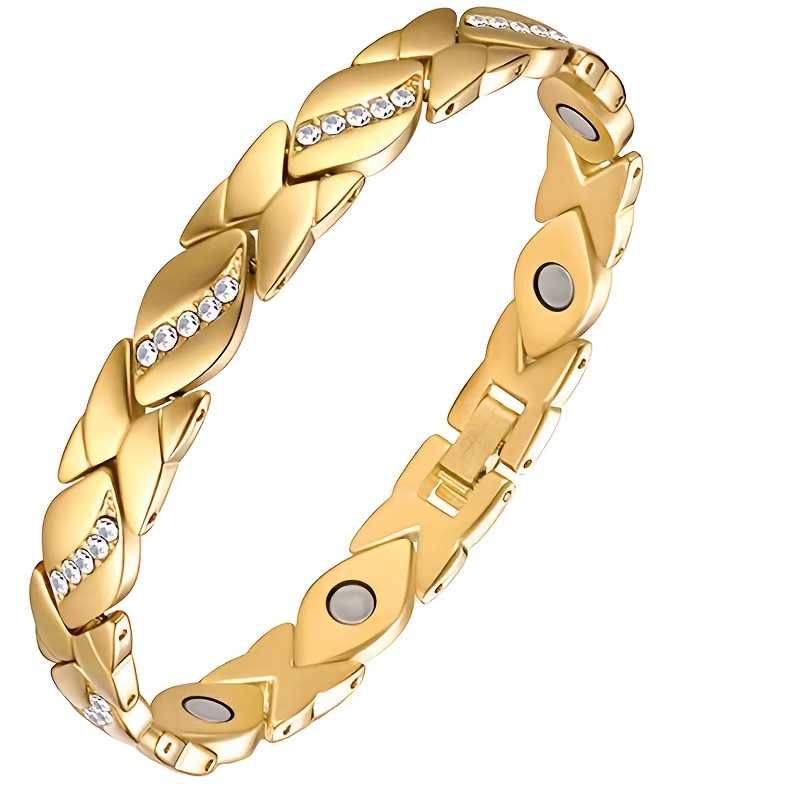 Leaf Magnetic Therapy Bracelet with Rhinestones - Geometric Stylish Wristband & Wellness Jewelry, Free Removel Tool(Gold) - Image 1