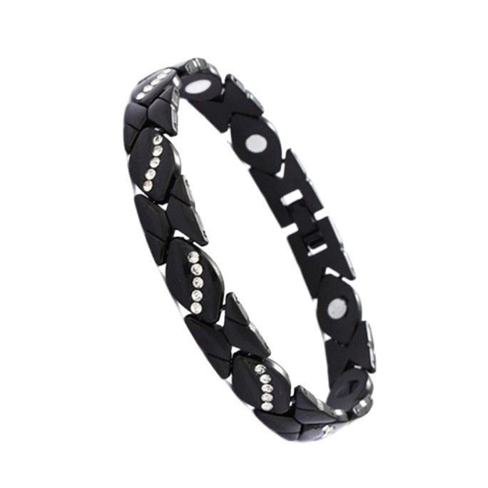 Leaf Magnetic Therapy Bracelet with Rhinestones - Geometric Stylish Wristband & Wellness Jewelry, Free Removel Tool(Black) - Image 1