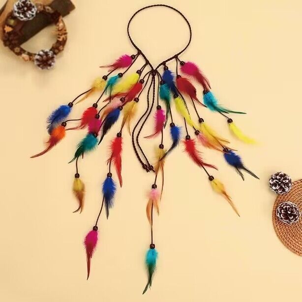 Bohemian Colorful Feather Headband - Ethnic Style Forehead Accessory & Hair Rope for Beach Vacations and Festivals - Image 1