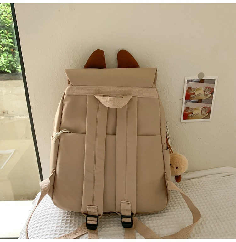 Khaki Lightweight Nylon Waterproof Schoolbag for Children - Large Capacity Daypack with Ugly-Cute Cat Design - Image 3
