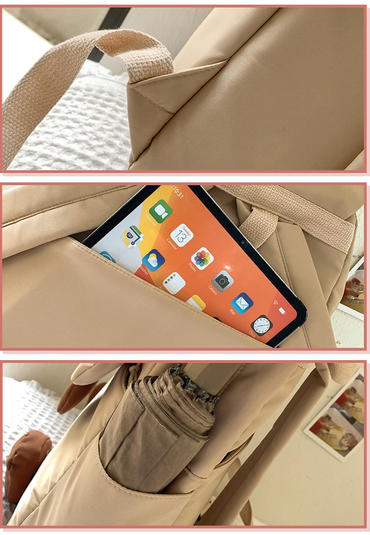 Khaki Lightweight Nylon Waterproof Schoolbag for Children - Large Capacity Daypack with Ugly-Cute Cat Design - Image 6