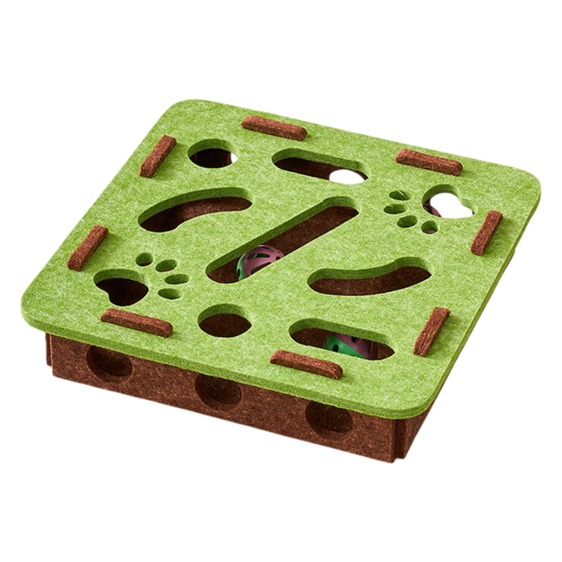 Green-Brown Felt Puzzle Square Shape Box Cat Toy with 2 Metal Bell Balls - Scratch-Resistant & Interactive Hide-and-Seek Toy, Brain Stimulating Fun - Image 1