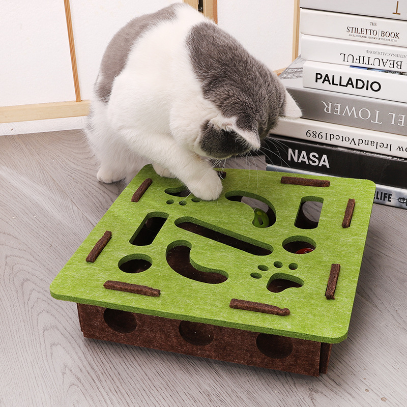 Green-Brown Felt Puzzle Square Shape Box Cat Toy with 2 Metal Bell Balls - Scratch-Resistant & Interactive Hide-and-Seek Toy, Brain Stimulating Fun - Image 5