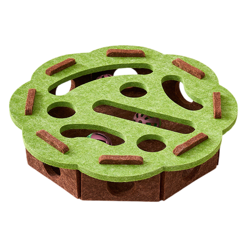 Green-Brown Felt Puzzle Flower Shape Box Cat Toy with 2 Metal Bell Balls - Scratch-Resistant & Interactive Hide-and-Seek Toy, Brain Stimulating Fun - Image 1