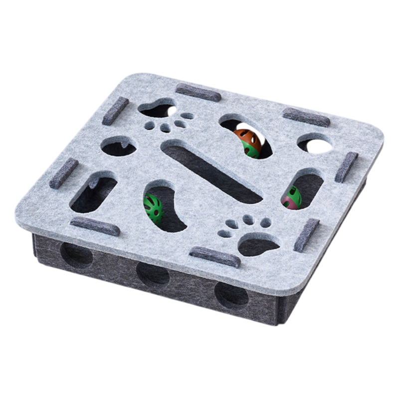 Grey Felt Puzzle Square Shape Box Cat Toy with 2 Metal Bell Balls - Scratch-Resistant & Interactive Hide-and-Seek Toy, Brain Stimulating Fun - Image 1