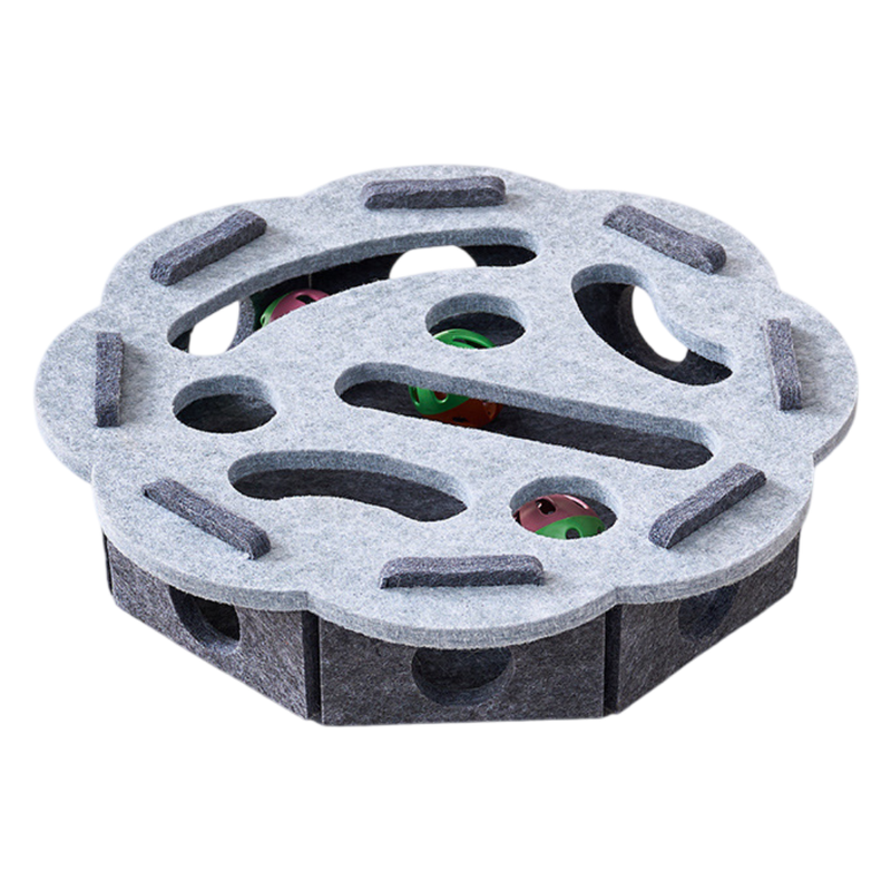 Grey Felt Puzzle Flower Shape Box Cat Toy with 2 Metal Bell Balls - Scratch-Resistant & Interactive Hide-and-Seek Toy, Brain Stimulating Fun - Image 1