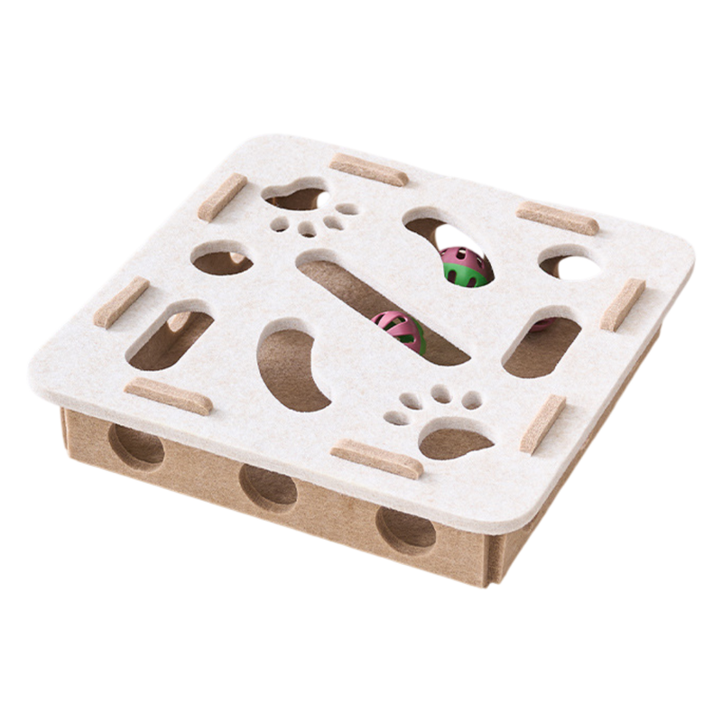 White Felt Puzzle Square Shape Box Cat Toy with 2 Metal Bell Balls - Scratch-Resistant & Interactive Hide-and-Seek Toy, Brain Stimulating Fun - Image 1