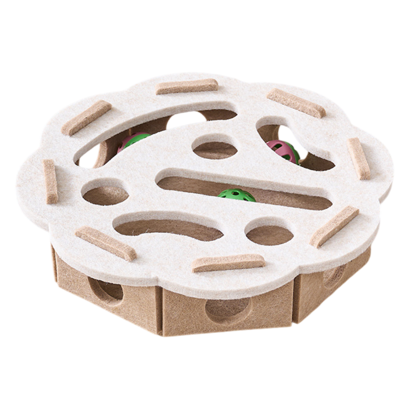 White Felt Puzzle Flower Shape Box Cat Toy with 2 Metal Bell Balls - Scratch-Resistant & Interactive Hide-and-Seek Toy, Brain Stimulating Fun - Image 1