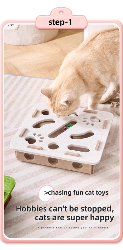 White Felt Puzzle Flower Shape Box Cat Toy with 2 Metal Bell Balls - Scratch-Resistant & Interactive Hide-and-Seek Toy, Brain Stimulating Fun - Image 2