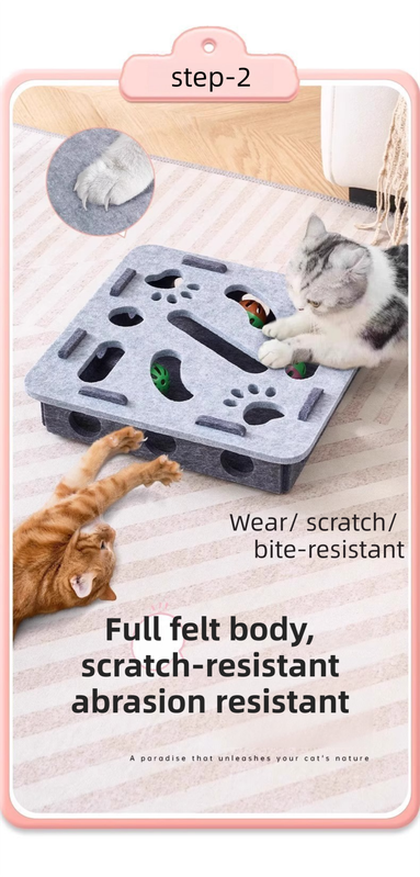 White Felt Puzzle Flower Shape Box Cat Toy with 2 Metal Bell Balls - Scratch-Resistant & Interactive Hide-and-Seek Toy, Brain Stimulating Fun - Image 3