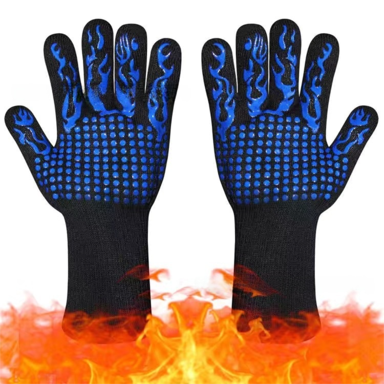 One Pair Blue Extreme Heat Resistant BBQ Gloves (800°C/1472°F) - Non-Slip Silicone Coated Fireproof Mitts for Smoker, Oven & Industrial Use - Image 1