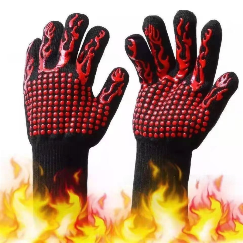 One Pair Red Extreme Heat Resistant BBQ Gloves (800°C/1472°F) - Non-Slip Silicone Coated Fireproof Mitts for Smoker, Oven & Industrial Use - Image 1