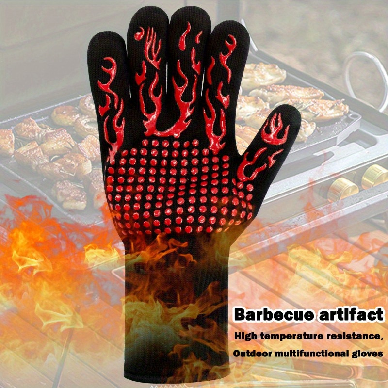 One Pair Red Extreme Heat Resistant BBQ Gloves (800°C/1472°F) - Non-Slip Silicone Coated Fireproof Mitts for Smoker, Oven & Industrial Use - Image 2