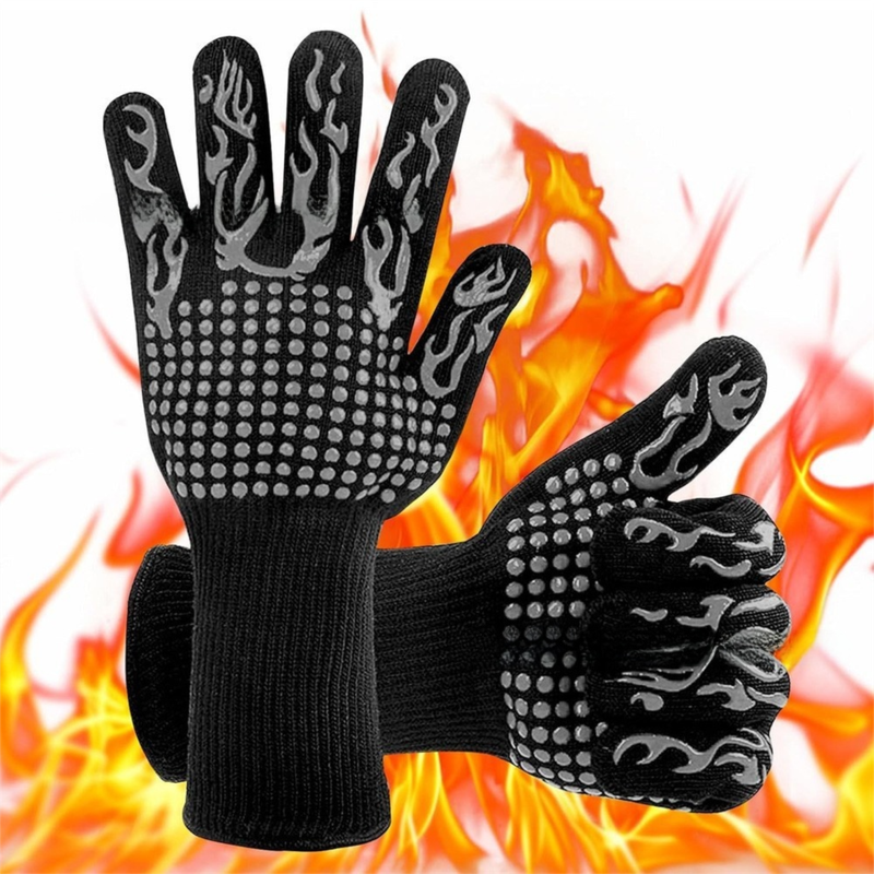 One Pair Grey Extreme Heat Resistant BBQ Gloves (800°C/1472°F) - Non-Slip Silicone Coated Fireproof Mitts for Smoker, Oven & Industrial Use - Image 1
