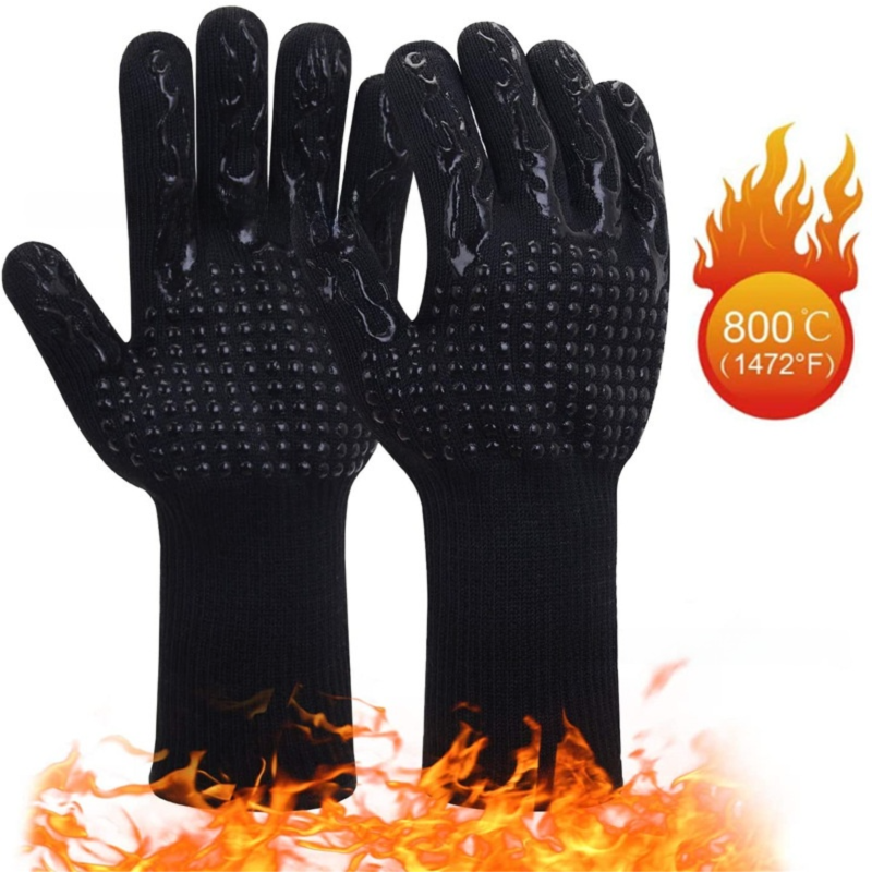 One Pair Black Extreme Heat Resistant BBQ Gloves (800°C/1472°F) - Non-Slip Silicone Coated Fireproof Mitts for Smoker, Oven & Industrial Use - Image 1