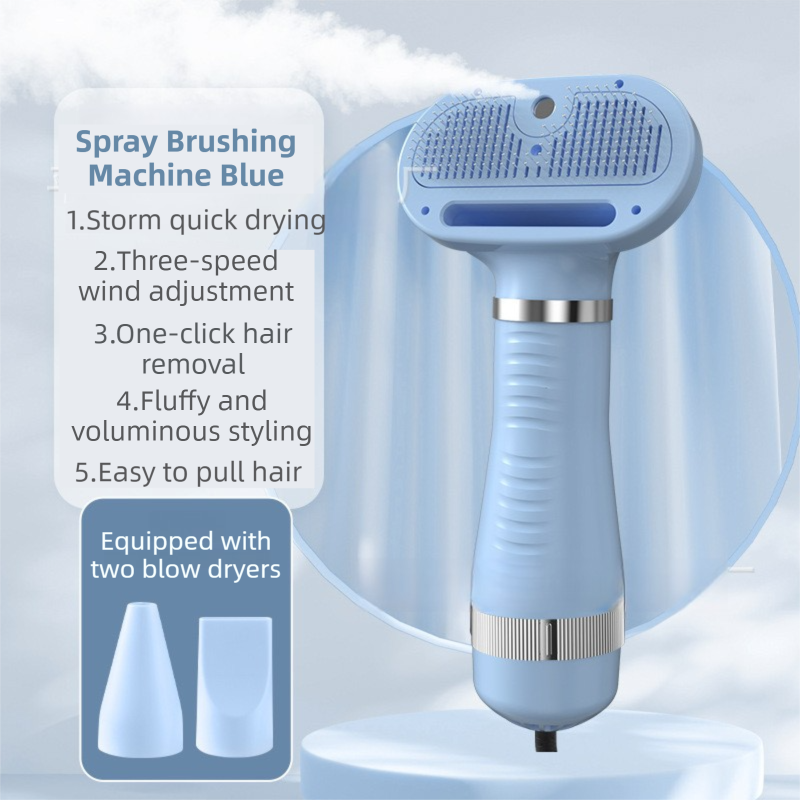 Blue 6-in-1 Pet Grooming Hair Dryer with Noise-Reduction - Lightweight Handheld Blow Dryer & Mist Slicker Brush - 3-Speed Temperature Control, One-Click Deshedding & Painless Massage - Image 1