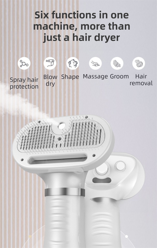 Blue 6-in-1 Pet Grooming Hair Dryer with Noise-Reduction - Lightweight Handheld Blow Dryer & Mist Slicker Brush - 3-Speed Temperature Control, One-Click Deshedding & Painless Massage - Image 3