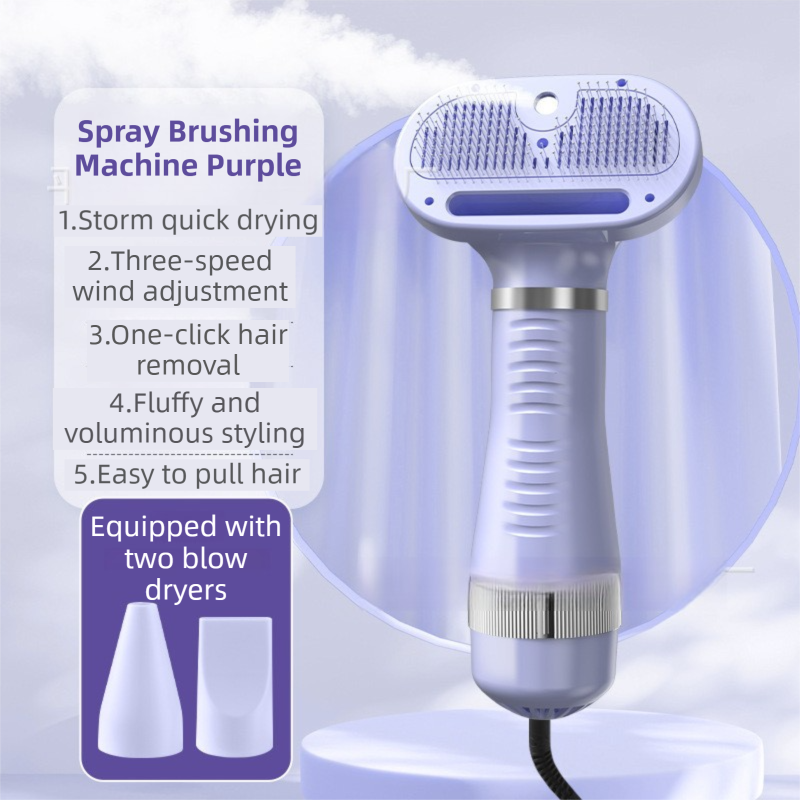 Purple 6-in-1 Pet Grooming Hair Dryer with Noise-Reduction - Lightweight Handheld Blow Dryer & Mist Slicker Brush - 3-Speed Temperature Control, One-Click Deshedding & Painless Massage - Image 1