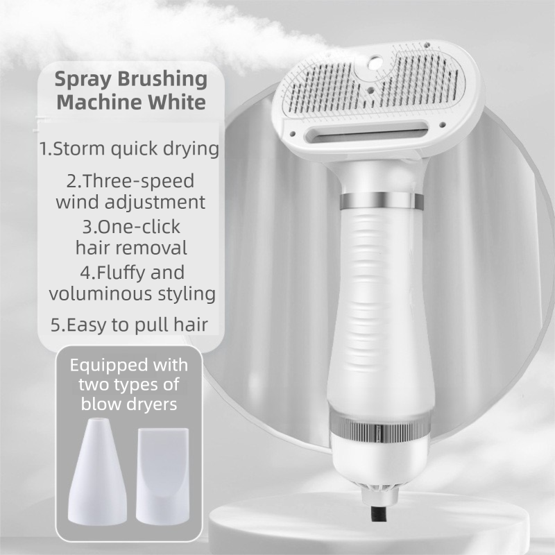 White 6-in-1 Pet Grooming Hair Dryer with Noise-Reduction - Lightweight Handheld Blow Dryer & Mist Slicker Brush - 3-Speed Temperature Control, One-Click Deshedding & Painless Massage - Image 1