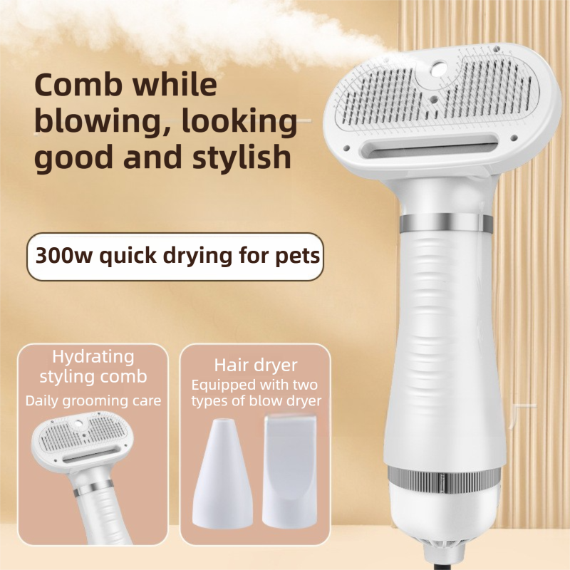 White 6-in-1 Pet Grooming Hair Dryer with Noise-Reduction - Lightweight Handheld Blow Dryer & Mist Slicker Brush - 3-Speed Temperature Control, One-Click Deshedding & Painless Massage - Image 2