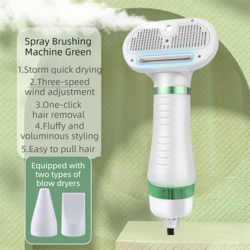 Green 6-in-1 Pet Grooming Hair Dryer with Noise-Reduction - Lightweight Handheld Blow Dryer & Mist Slicker Brush - 3-Speed Temperature Control, One-Click Deshedding & Painless Massage - Image 1
