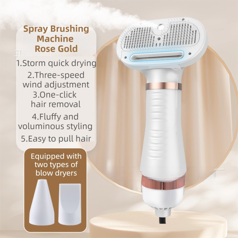 Rose Gold 6-in-1 Pet Grooming Hair Dryer with Noise-Reduction - Lightweight Handheld Blow Dryer & Mist Slicker Brush - 3-Speed Temperature Control, One-Click Deshedding & Painless Massage - Image 1
