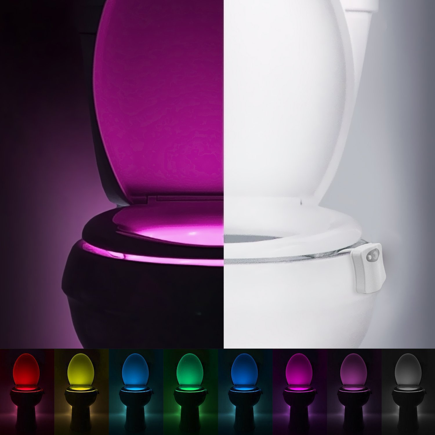 8-Color LED Toilet Night Light - Universal Fit Smart Motion Activated Bathroom Bowl Light, Multi-Color Cycle & Fixed Mode - Image 2