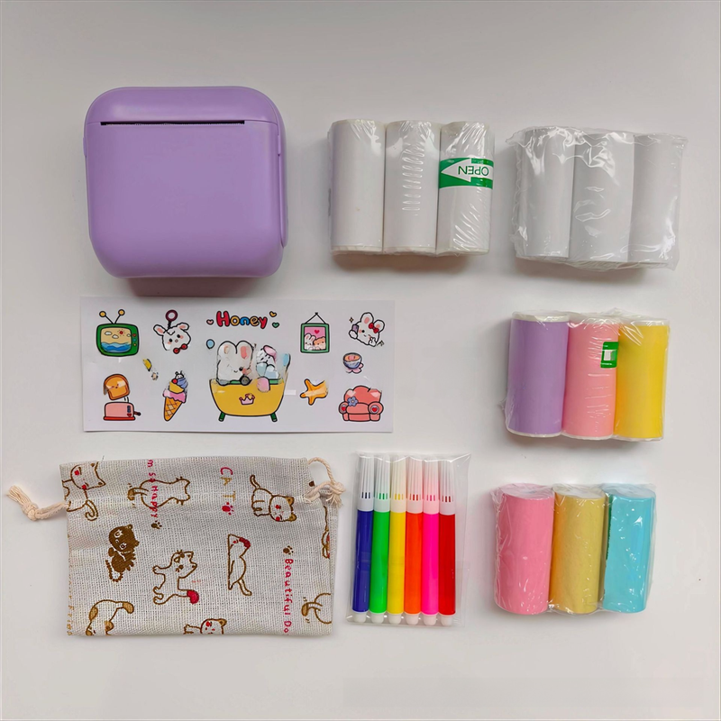 Purple X6 Mini Portable Bluetooth Instant Photo & Note Printer for Students - Deluxe 20-Piece Gift Set with 12 Paper Rolls, Color Pens & Storage Bag - Image 1