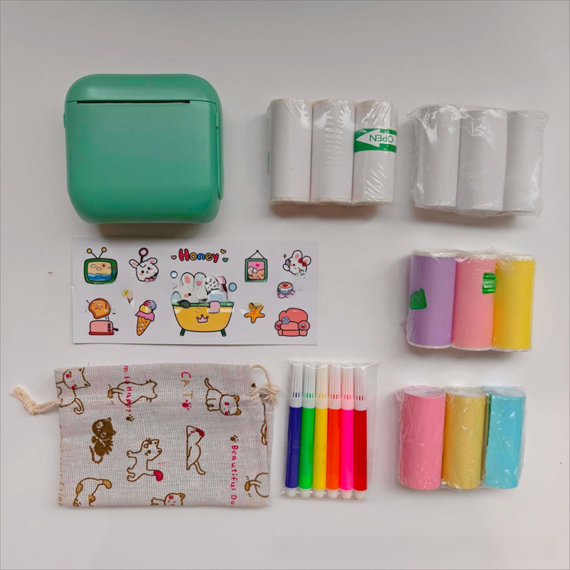Green X6 Mini Portable Bluetooth Instant Photo & Note Printer for Students - Deluxe 20-Piece Gift Set with 12 Paper Rolls, Color Pens & Storage Bag - Image 1