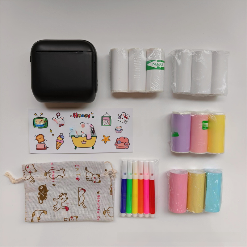 Black X6 Mini Portable Bluetooth Instant Photo & Note Printer for Students - Deluxe 20-Piece Gift Set with 12 Paper Rolls, Color Pens & Storage Bag - Image 1