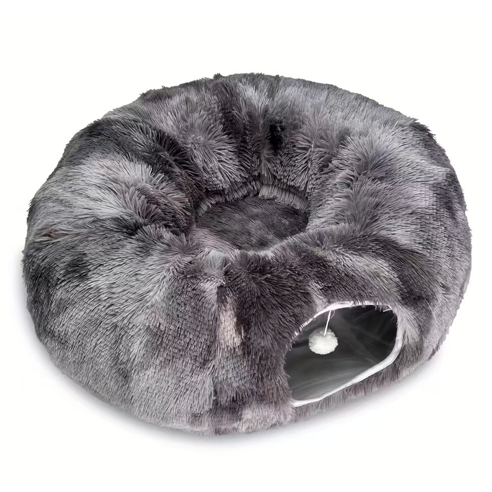 2-in-1 Dark Grey Tie-Dye Donut-Shaped Cat Tunnel Bed -  Spacious 85cm Pet Play Tunnel & Lounger, Durable Fabric for Cats & Kittens - Image 1